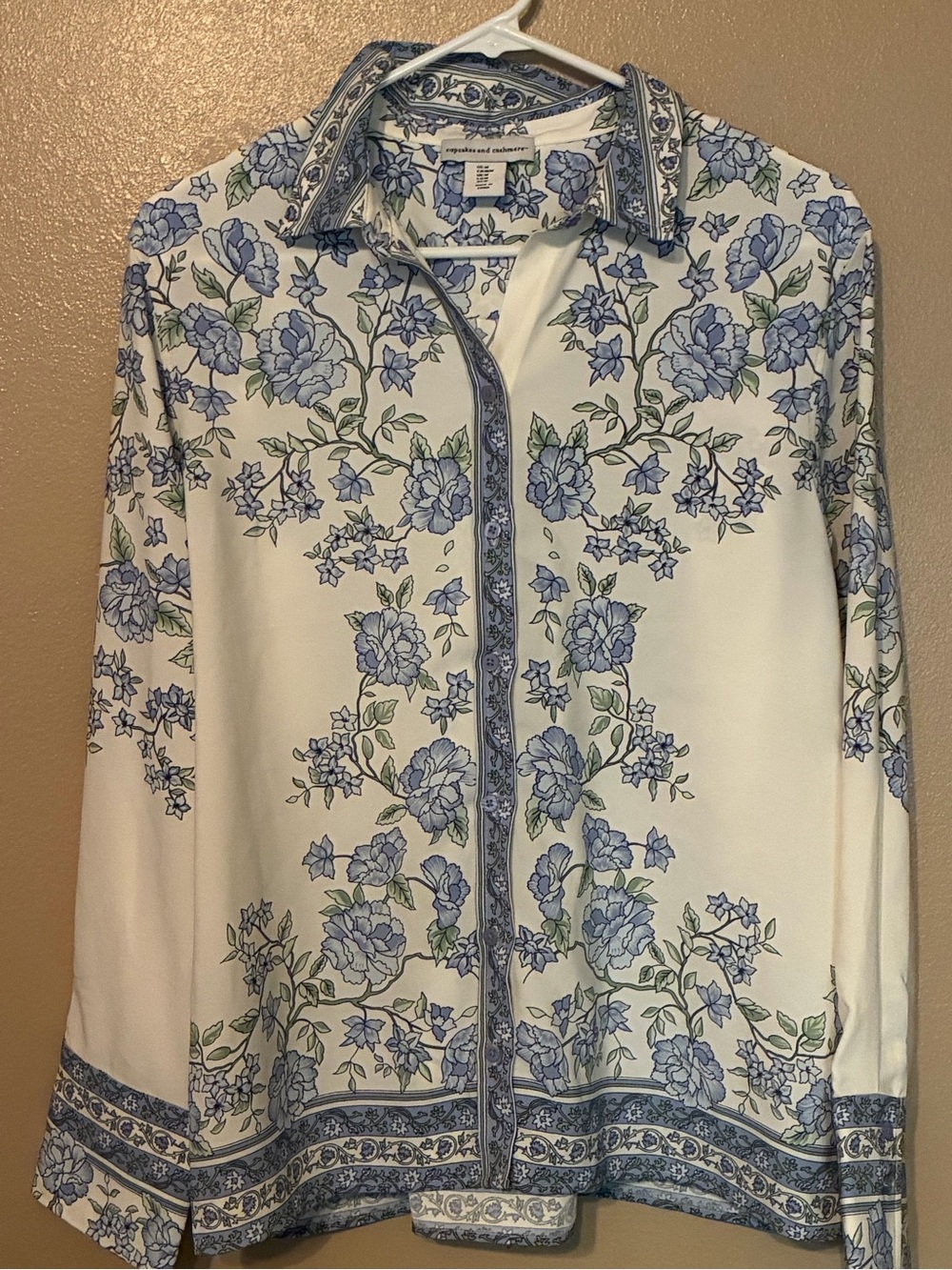 Cupcakes And Cashmere Blue Floral Button Front Italian Grecian Inspired Size M